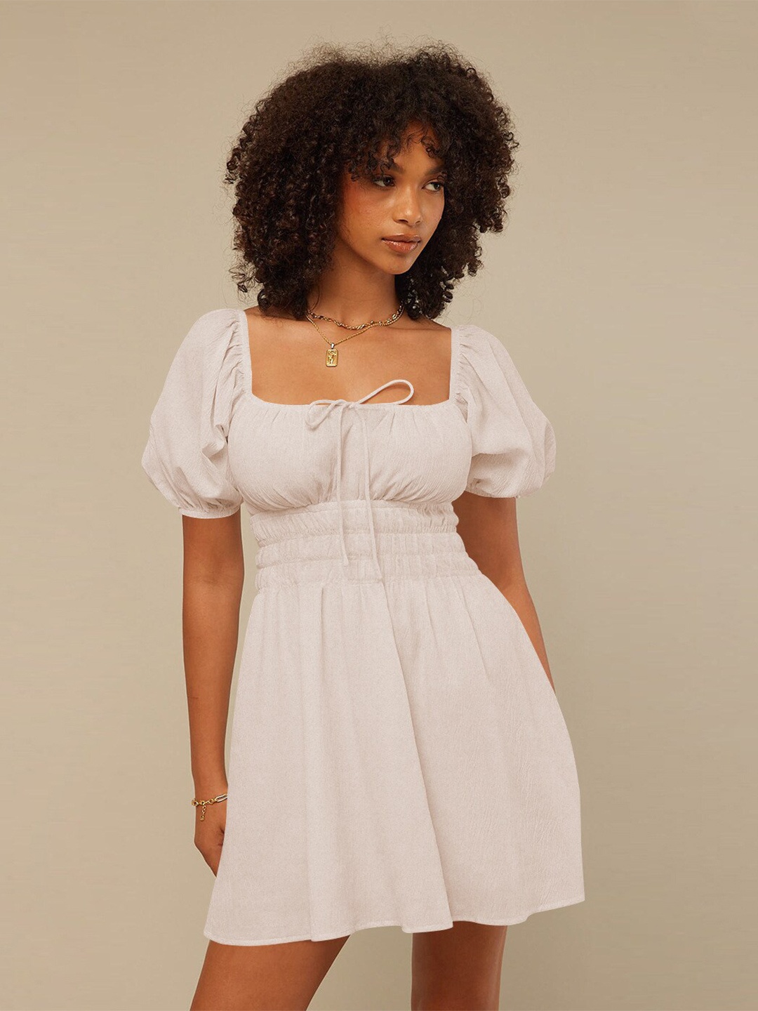 

BoStreet Off White Tie-Up Neck Ruched Fit & Flare Dress