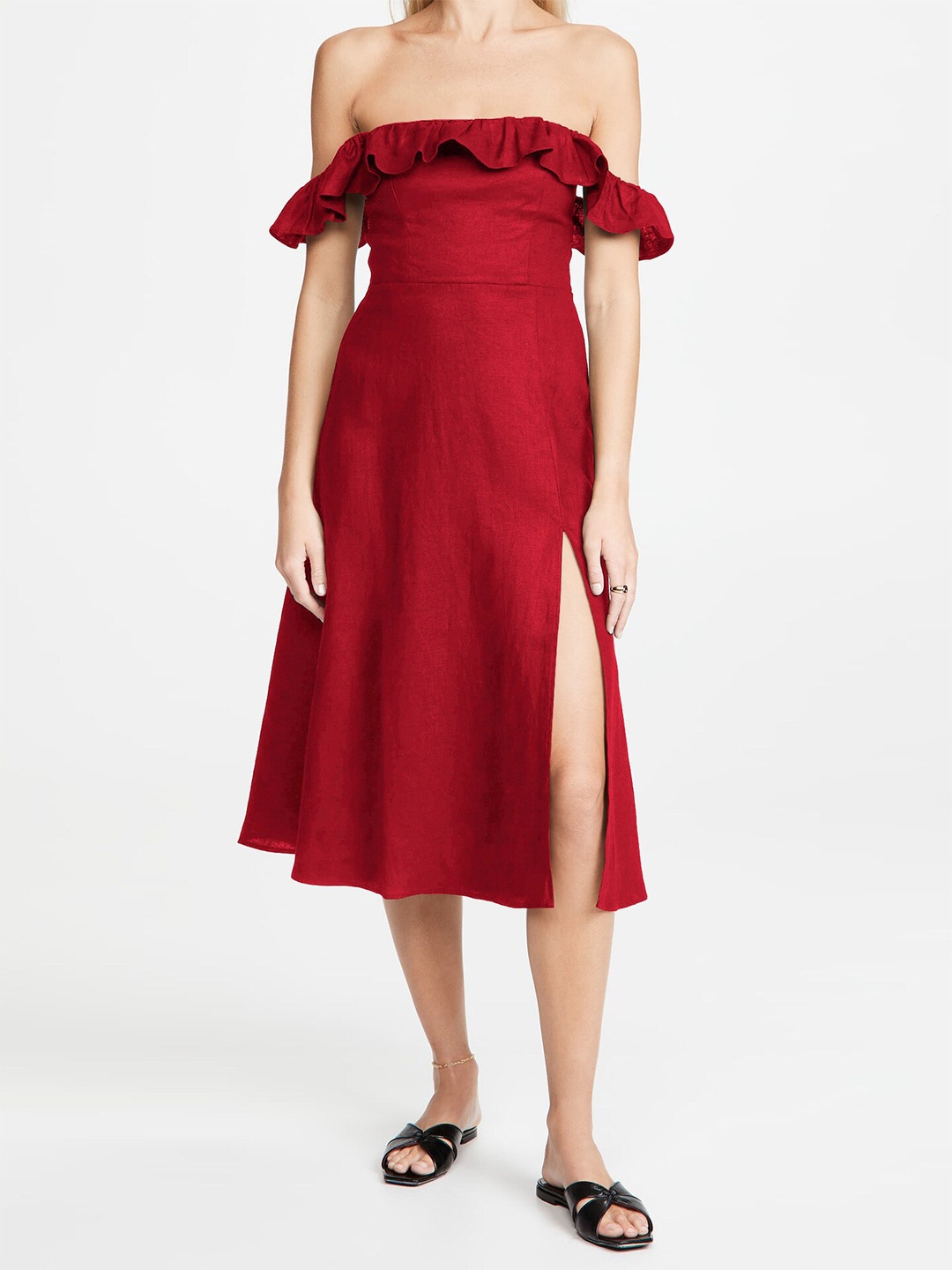 

BoStreet Red Off-Shoulder Ruffled Fit & Flare Midi Dress