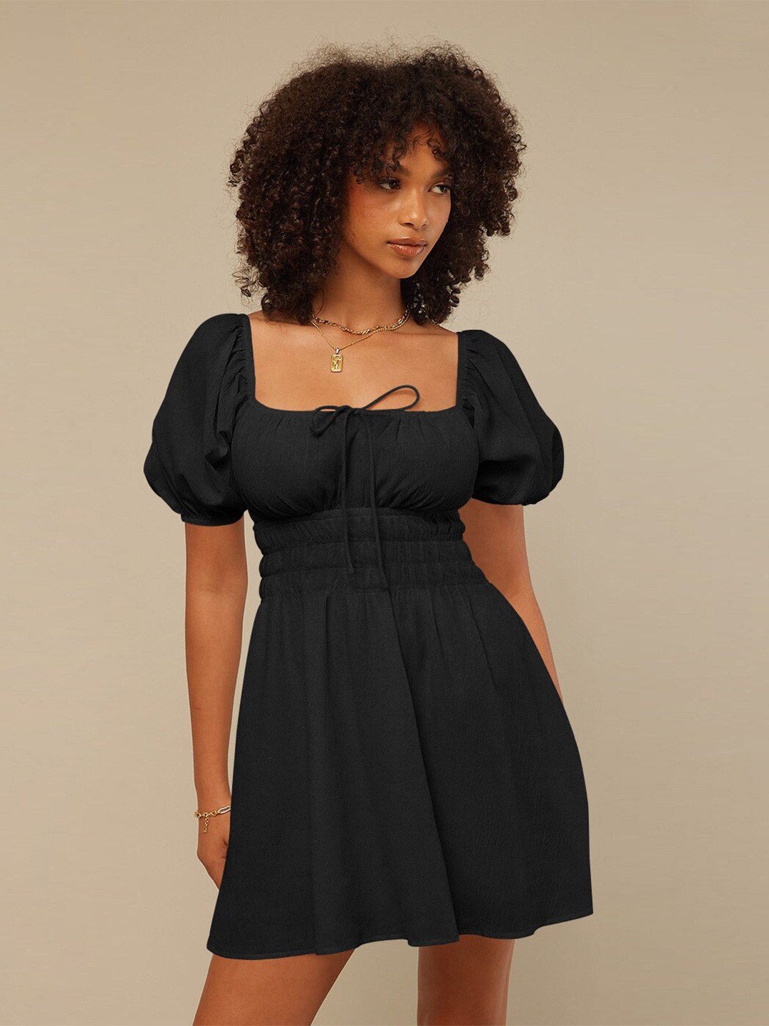 

BoStreet Black Puff Sleeves Smocked Empire Mini Dress