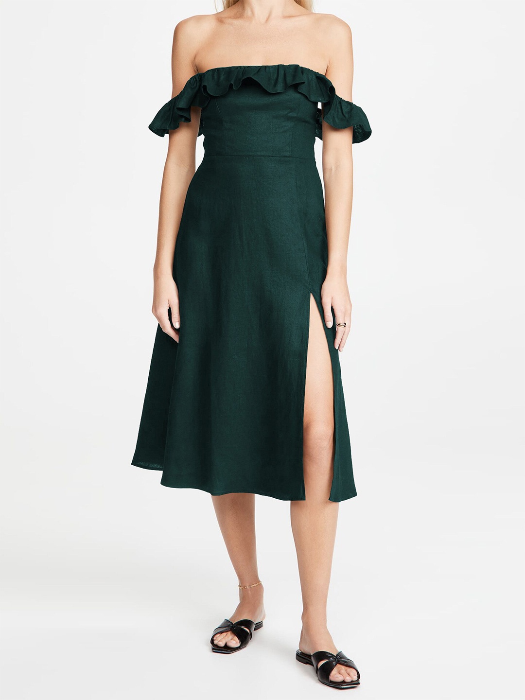 

BoStreet Green Off-Shoulder Ruffled Fit & Flare Midi Dress