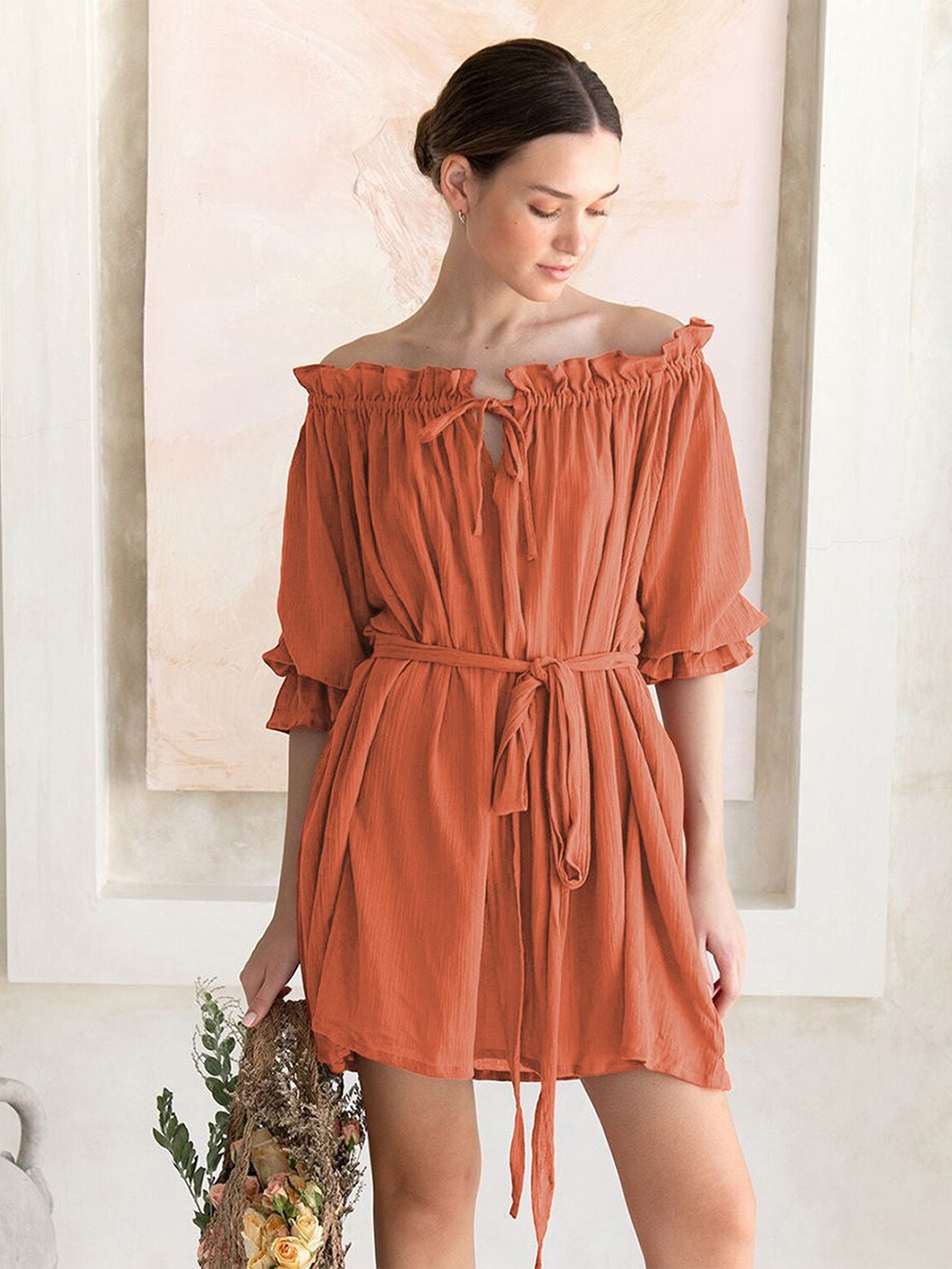 

BoStreet Rust Off-Shoulder Puff Sleeves Gathered Fit & Flare Mini Dress