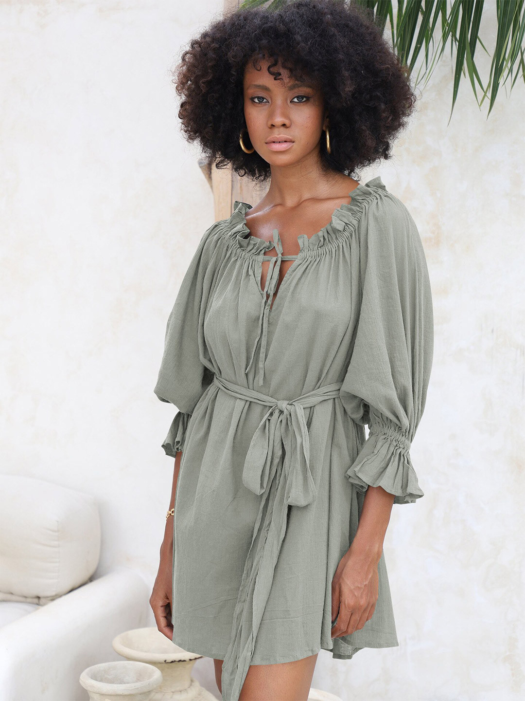 

BoStreet Green Off-Shoulder A-Line Dress