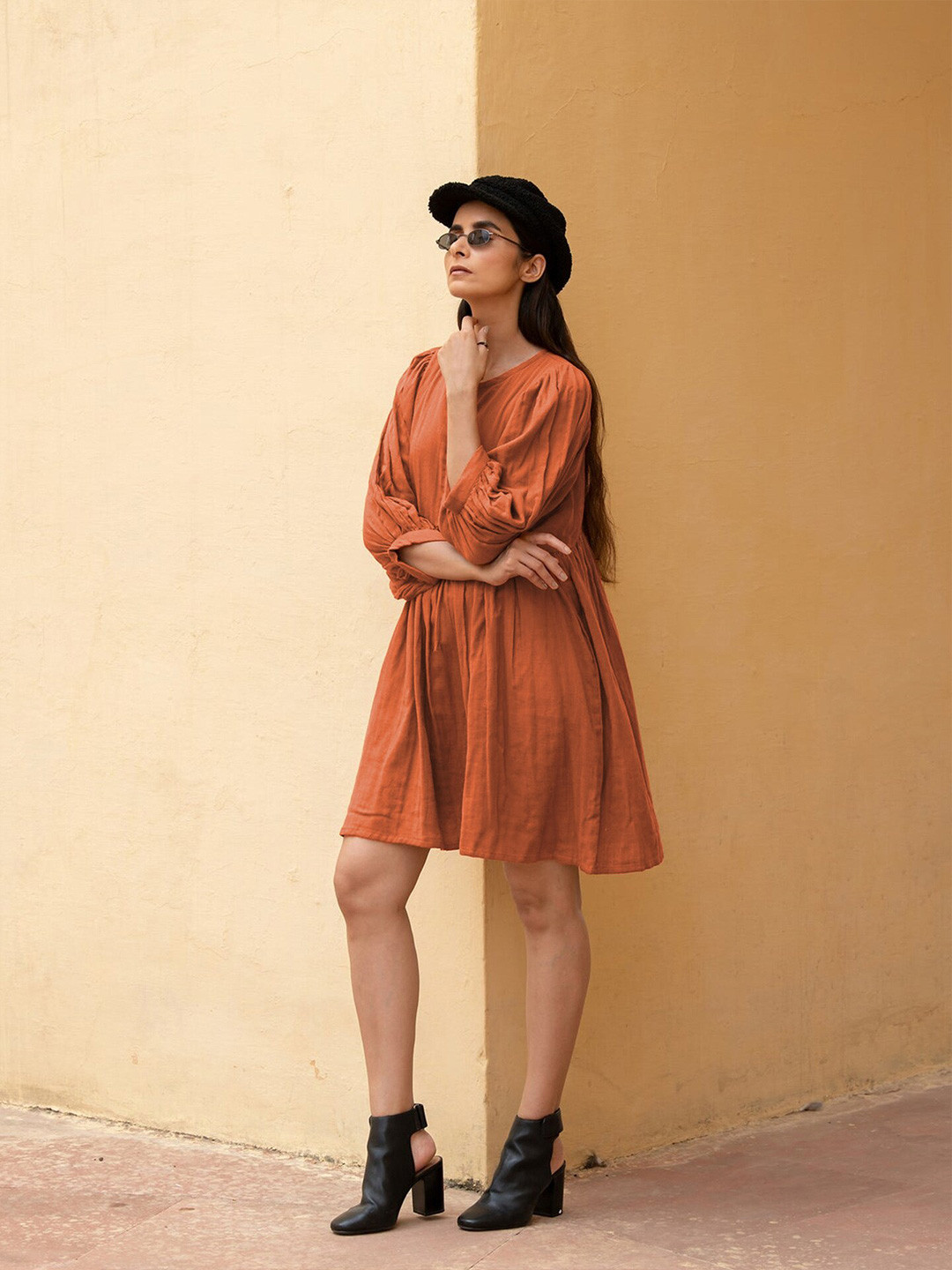 

BoStreet Rust Tie-Up Neck Fit and Flare Dress