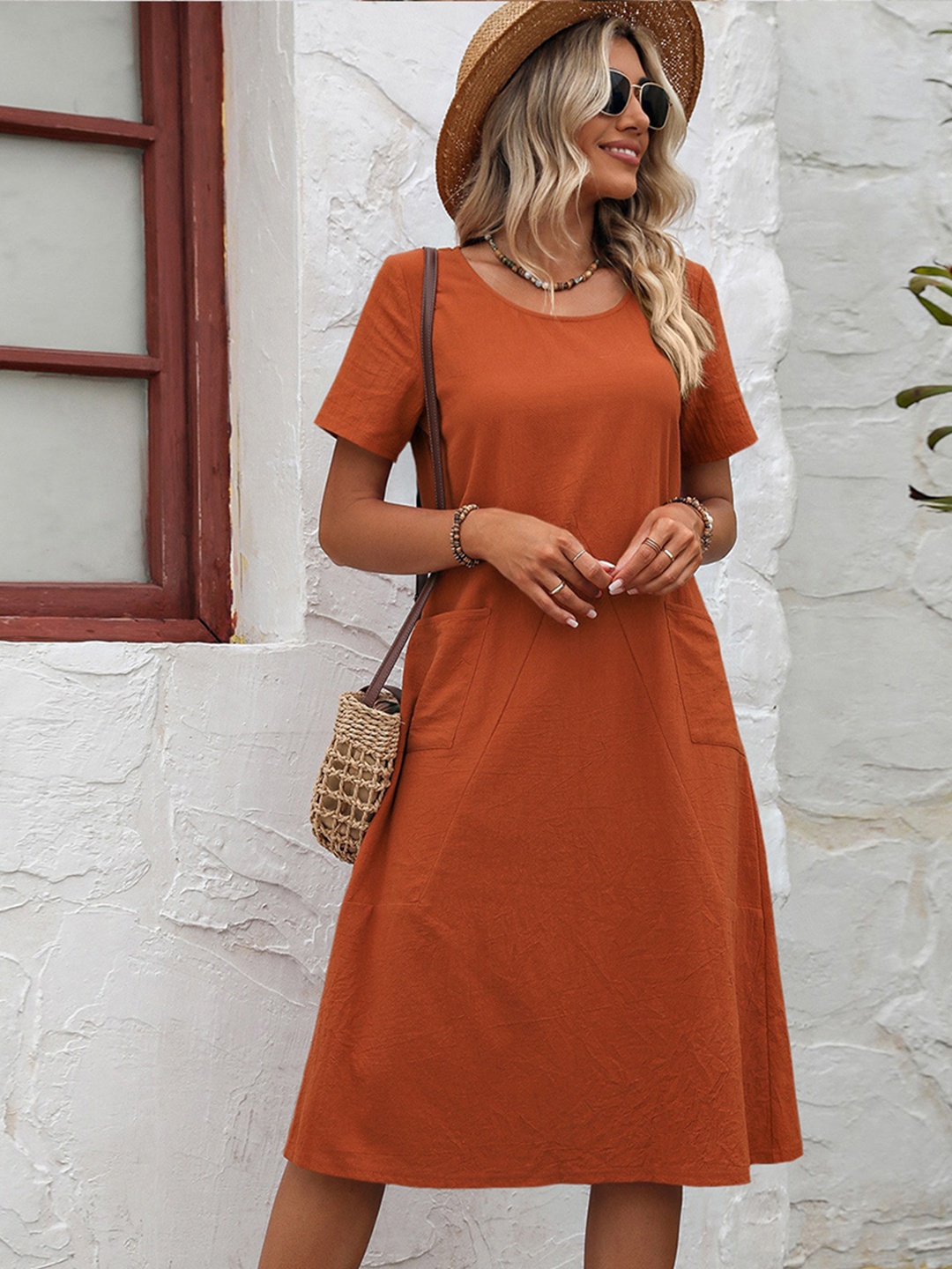 

StyleCast Orange Round Neck A-Line Cotton Dress