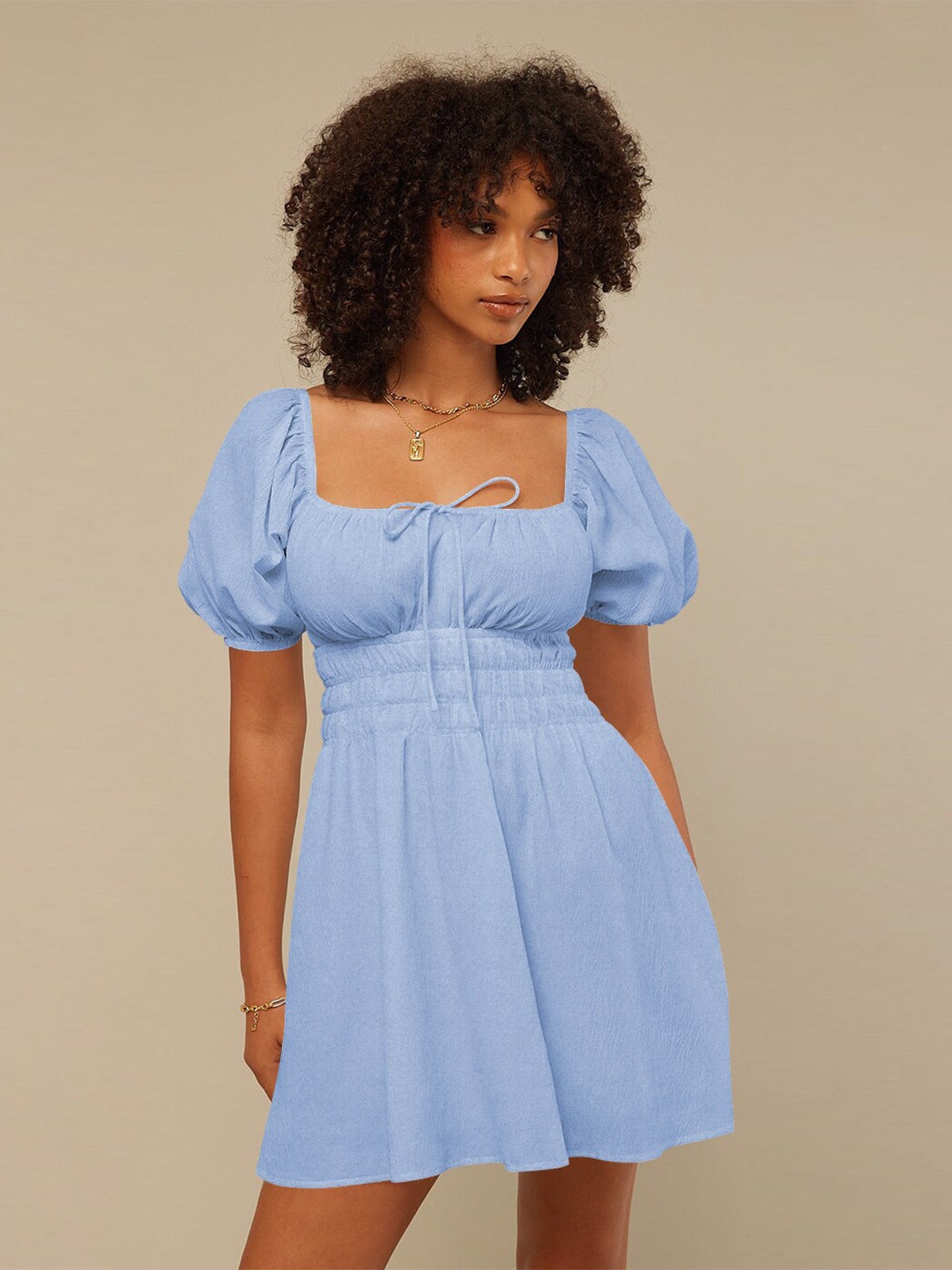 

BoStreet Blue Square Neck Puff Sleeve Fit & Flare Dress