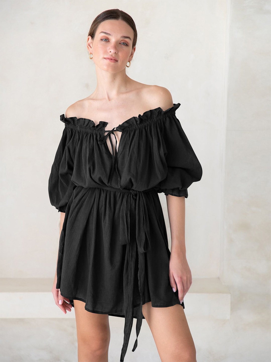 

StyleCast Black Off-Shoulder Puff Sleeve Fit & Flare Dress