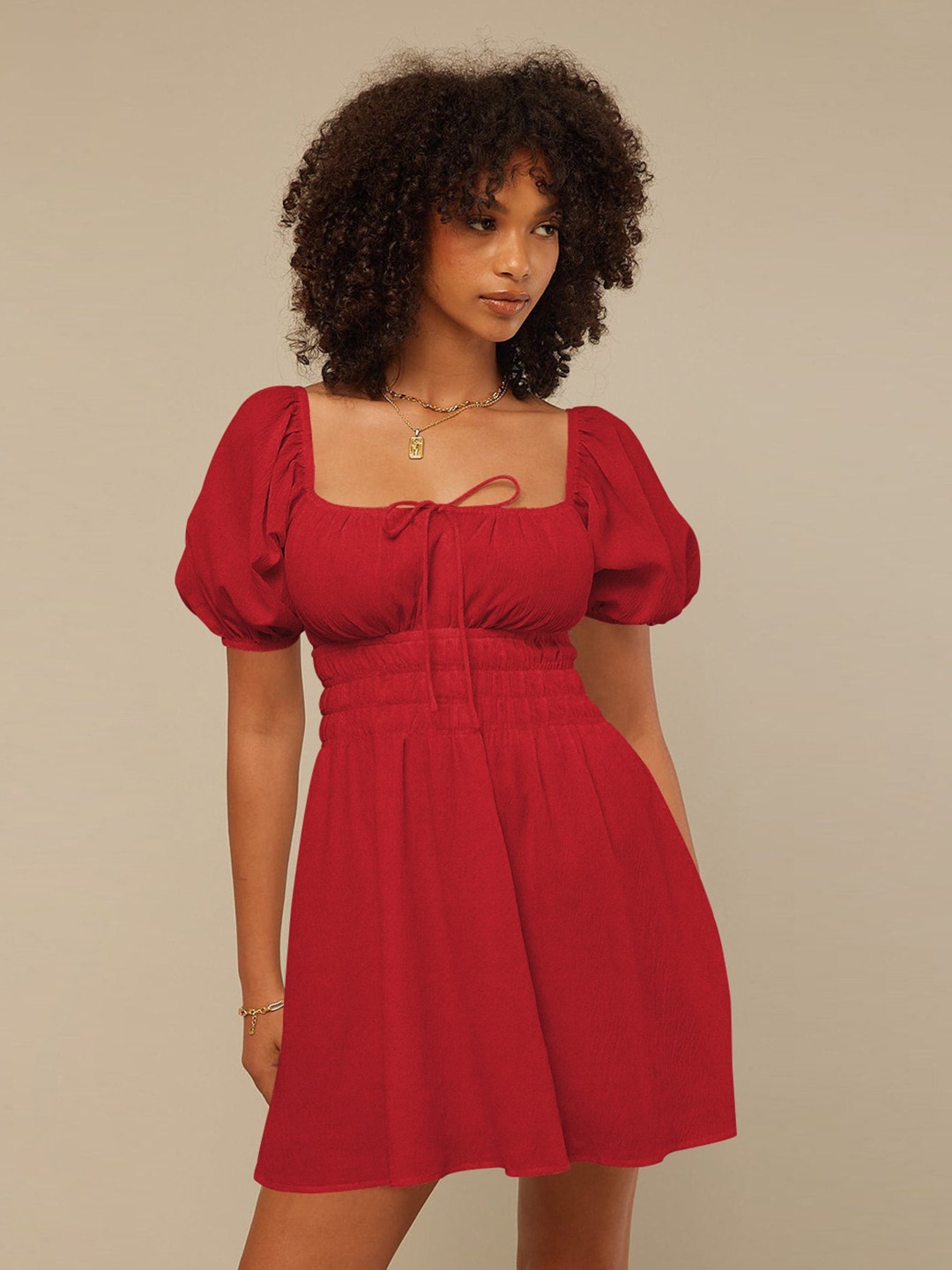 

BoStreet Red Puff Sleeves Fit & Flare Mini Dress