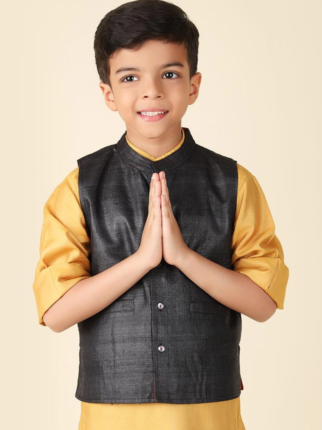 

Fabindia Boys Mandarin Collar Silk Nehru Jacket, Black