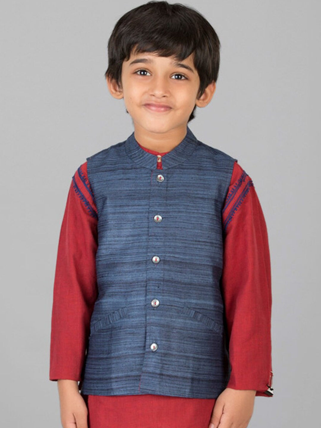 

Fabindia Striped Woven Silk Nehru Jacket, Blue