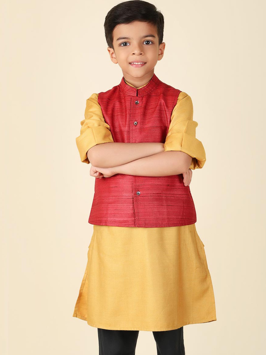 

Fabindia Boys Woven Silk Nehru Jackets, Red