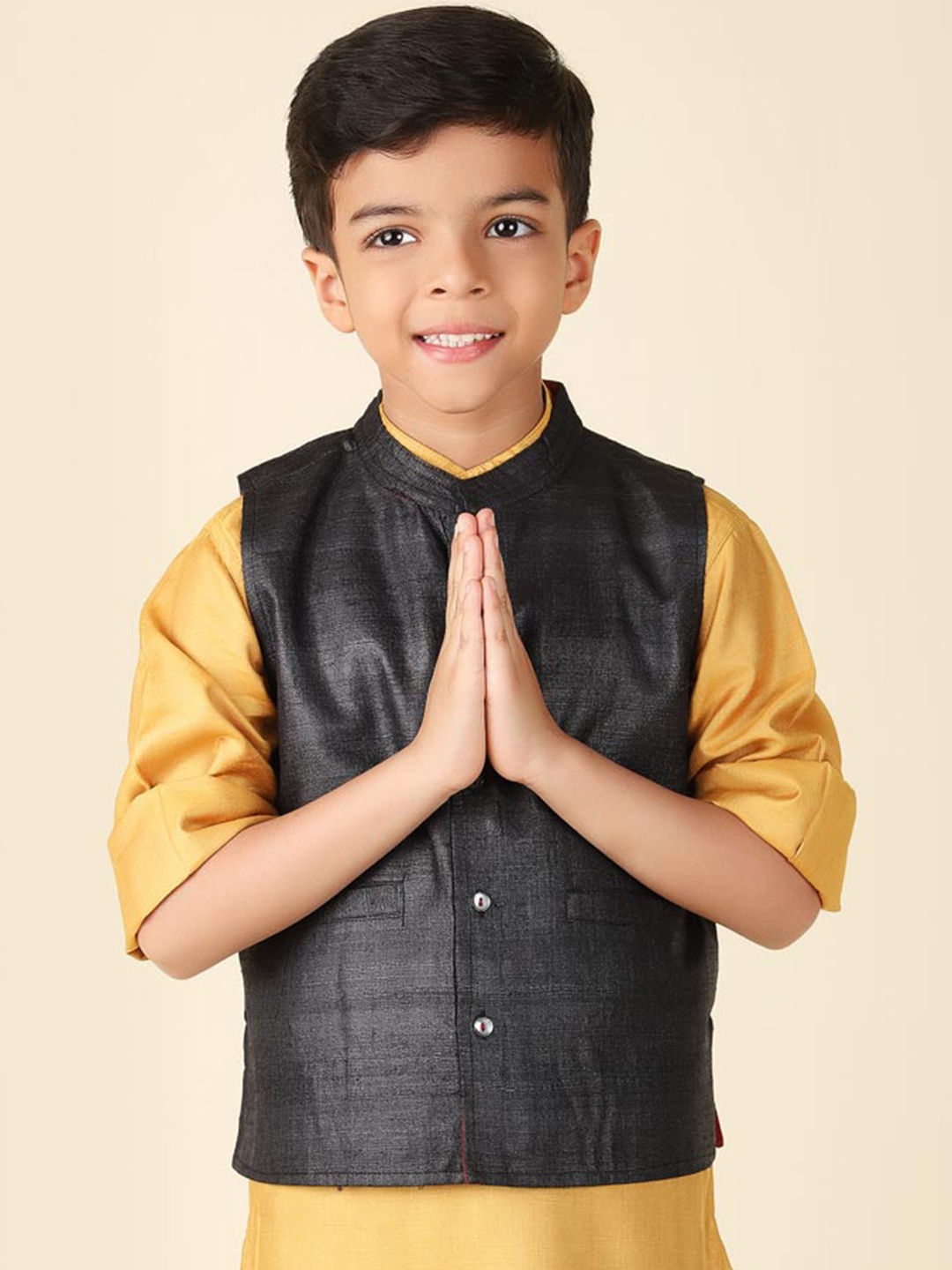 

Fabindia Boys Woven Silk Nehru Jacket, Black