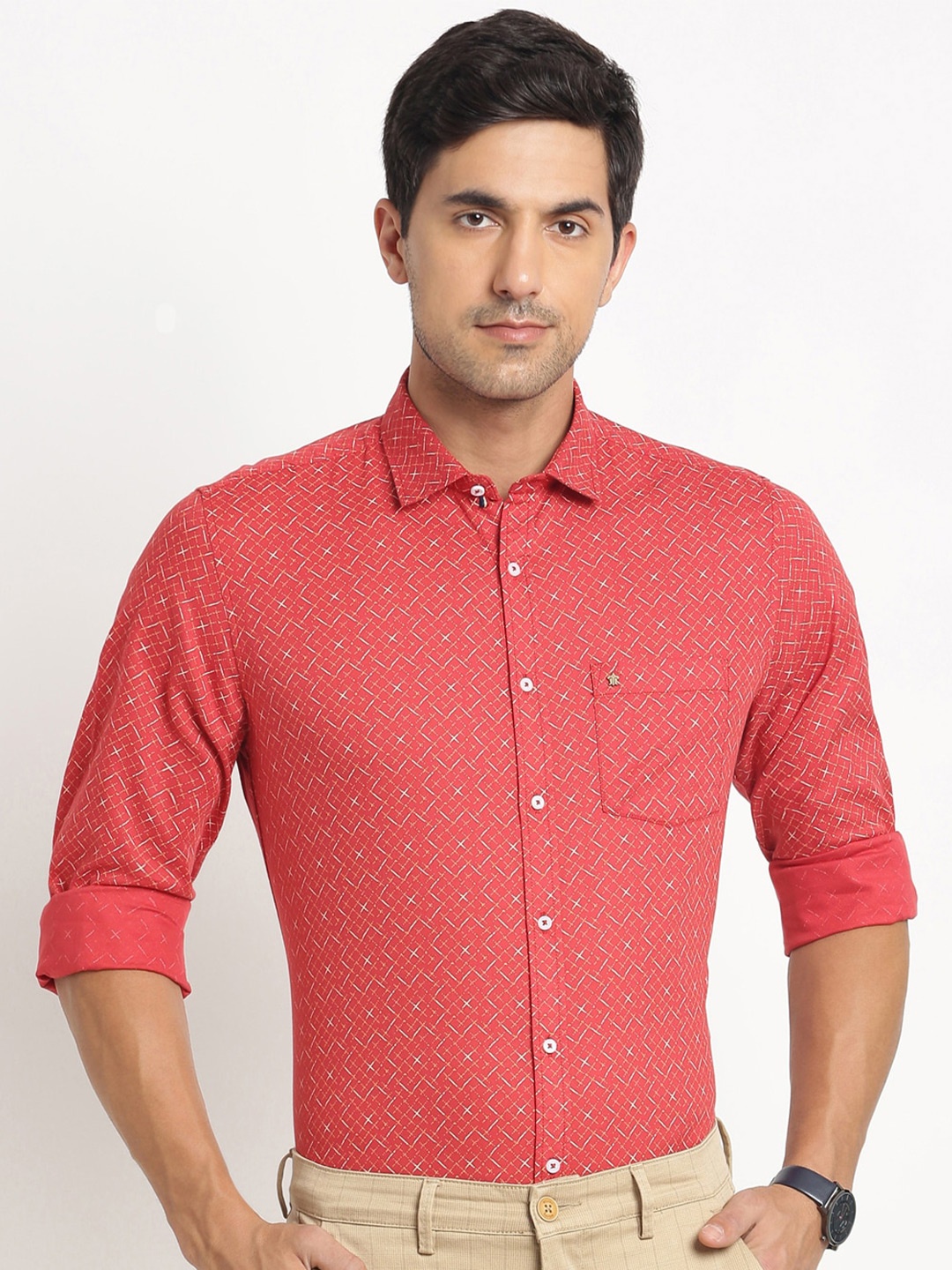 

Turtle Relaxed Slim Fit Micro Ditsy Printed Pure Cotton Casual Shirt, Red