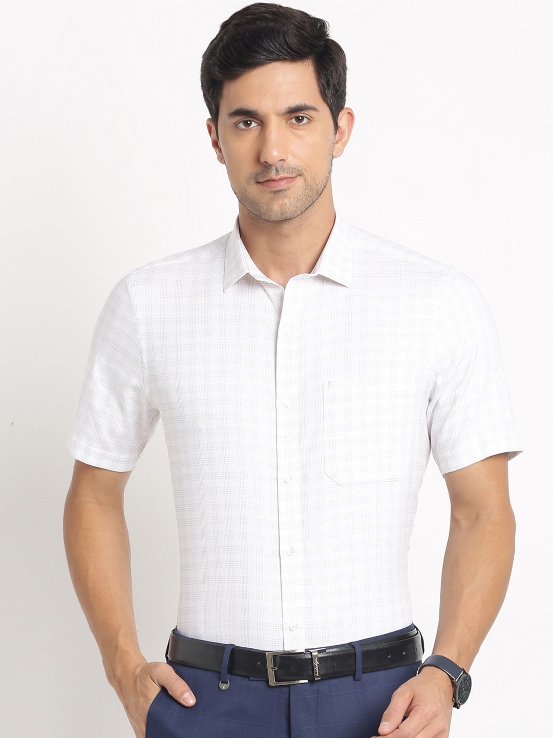 

Turtle Modern Grid Tattersall Checked Pure Cotton Formal Shirt, White