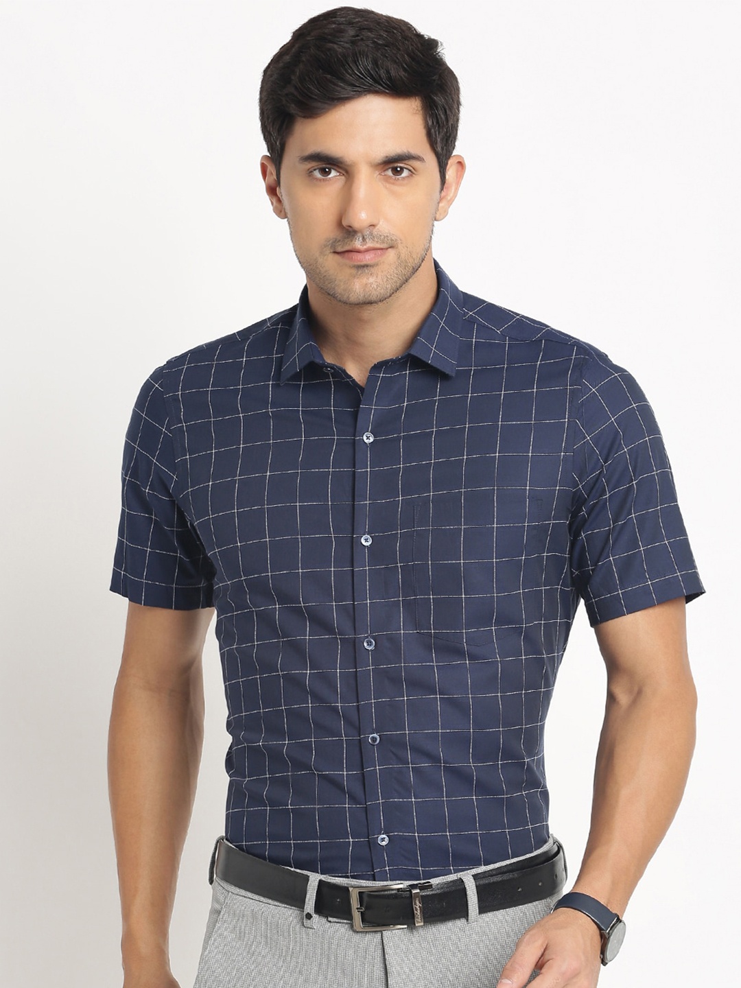 

Turtle Modern Checked Spread Collar Cotton Formal Shirt, Navy blue