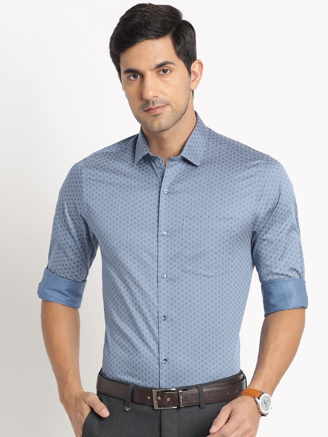 

Turtle Modern Slim Fit Micro Ditsy Printed Pure Cotton Formal Shirt, Blue