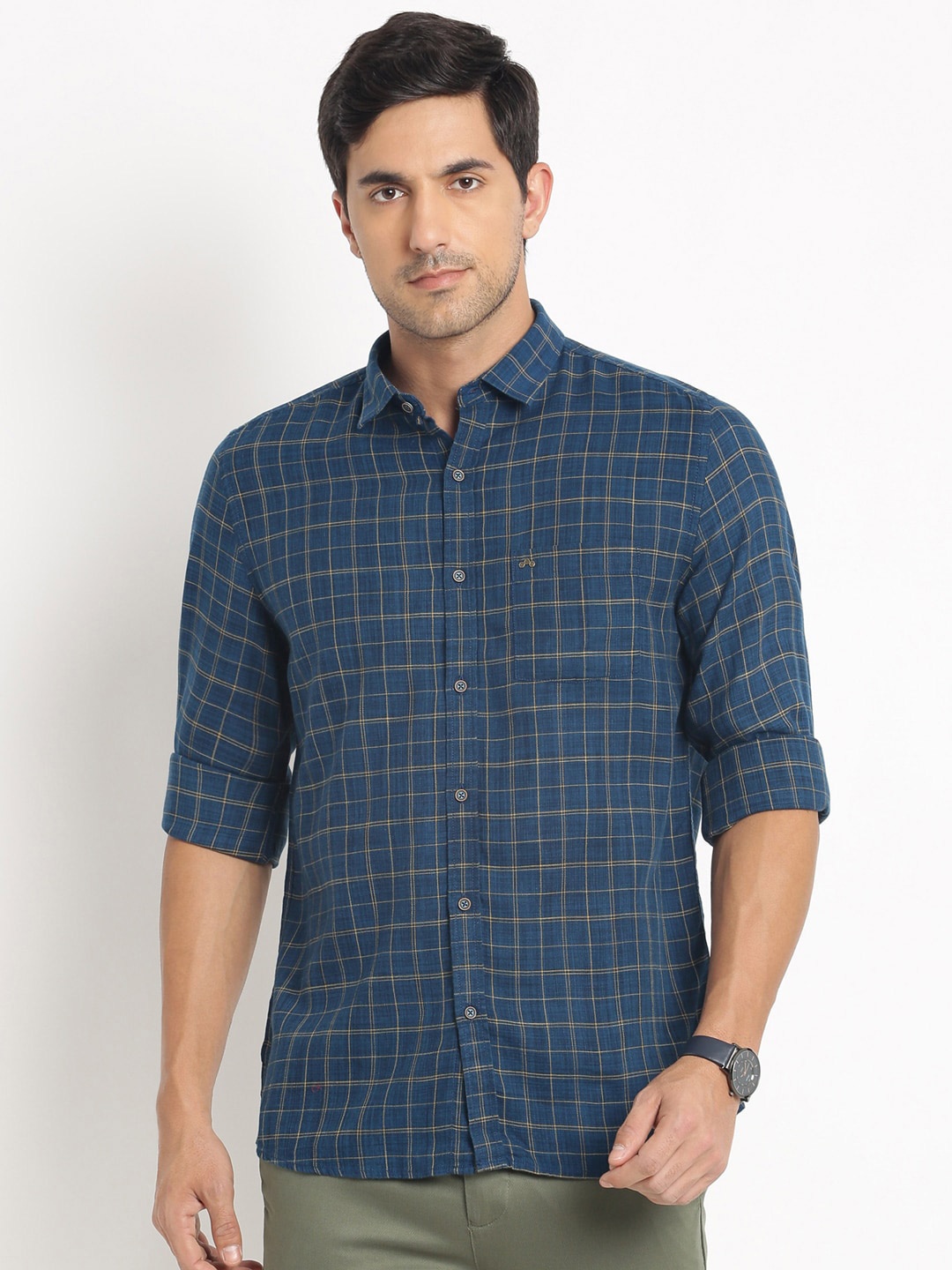 

Turtle Relaxed Slim Fit Tartan Checked Cotton Casual Shirt, Blue