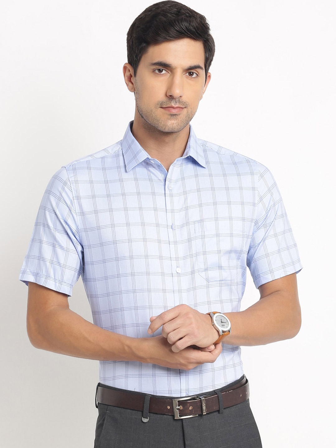 

Turtle Checked Spread Collar Cotton Formal Shirt, Blue