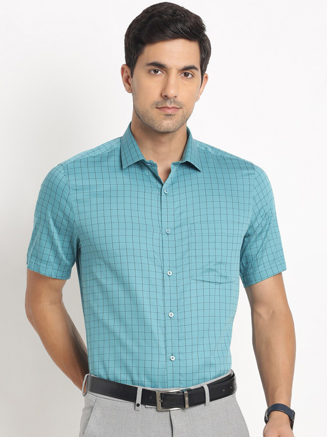 

Turtle Checked Spread Collar Cotton Formal Shirt, Sea green
