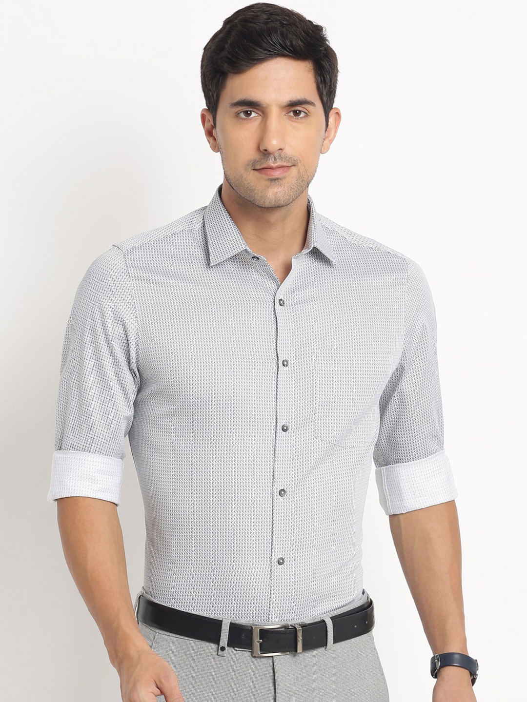 

Turtle Modern Slim Fit Micro & Disty Printed Cotton Formal Shirt, Grey
