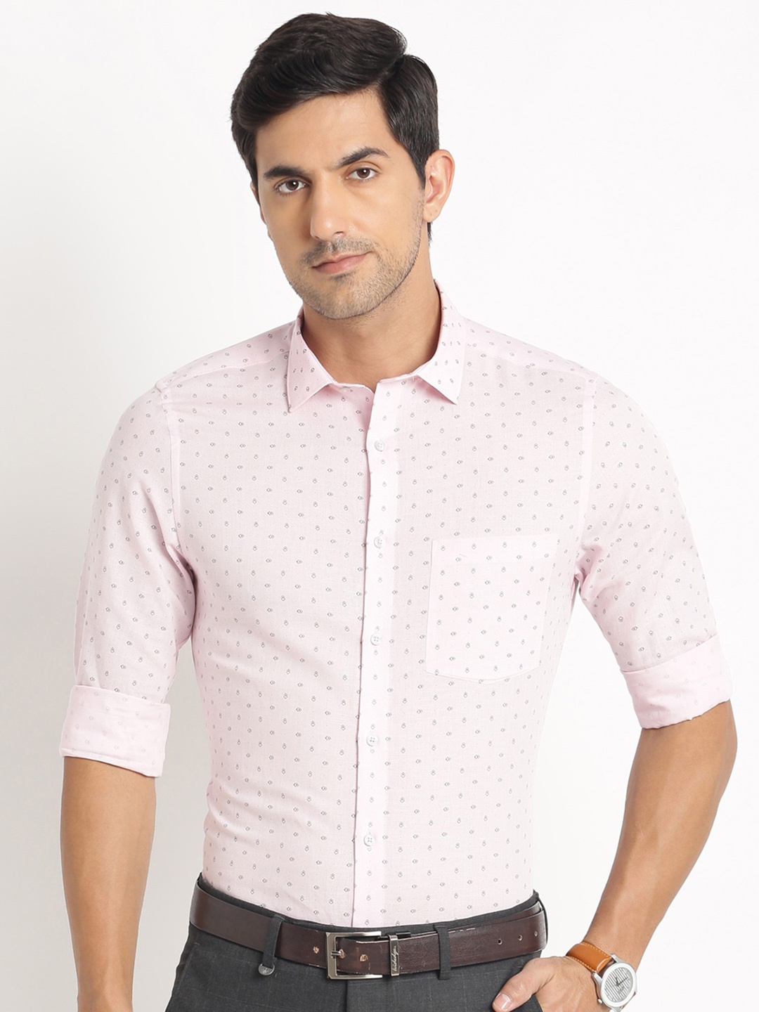 

Turtle Modern Slim Fit Micro & Disty Printed Formal Shirt, Pink