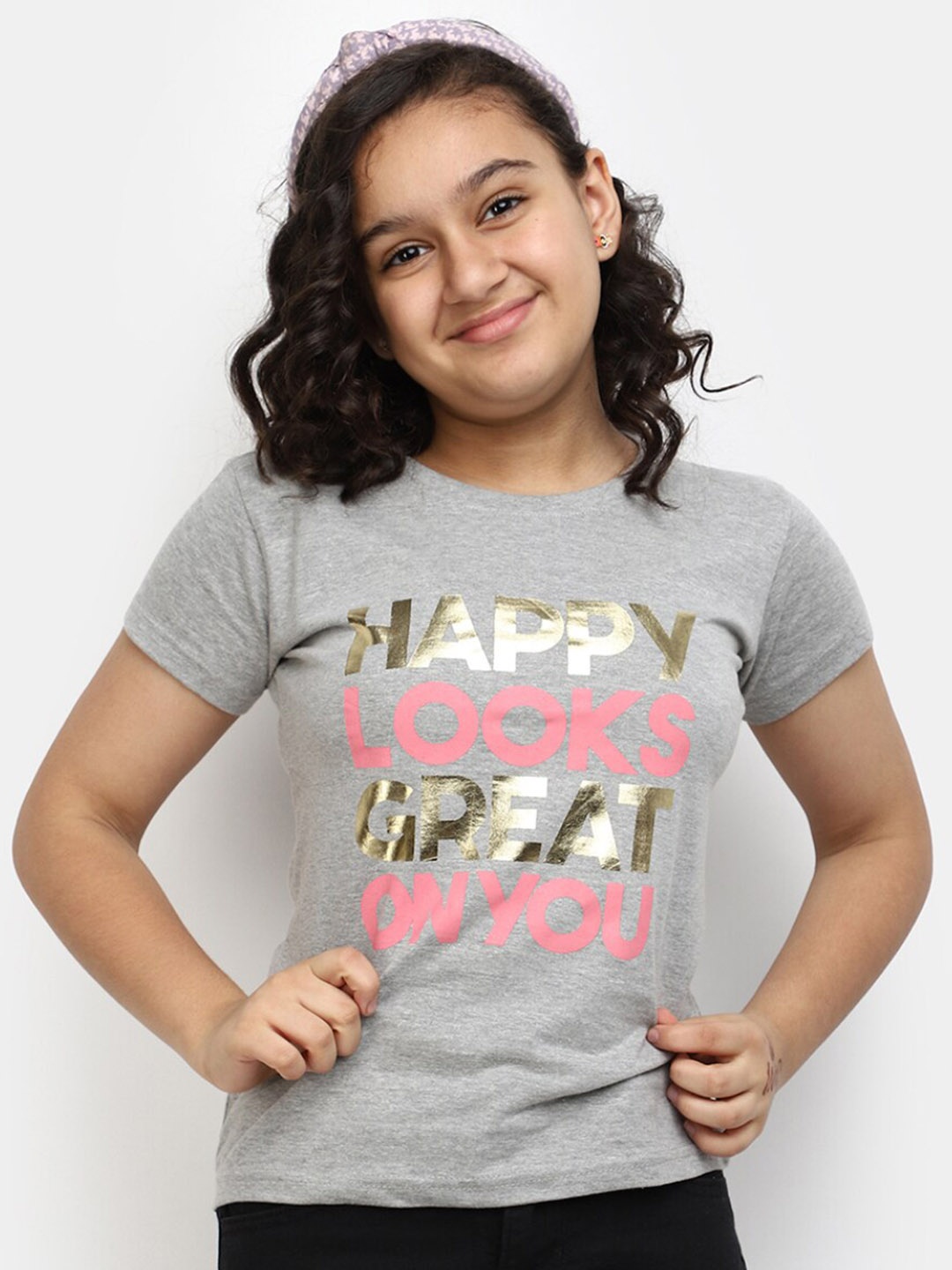 

V-Mart Girls Typography Printed Cotton T-shirt, Grey