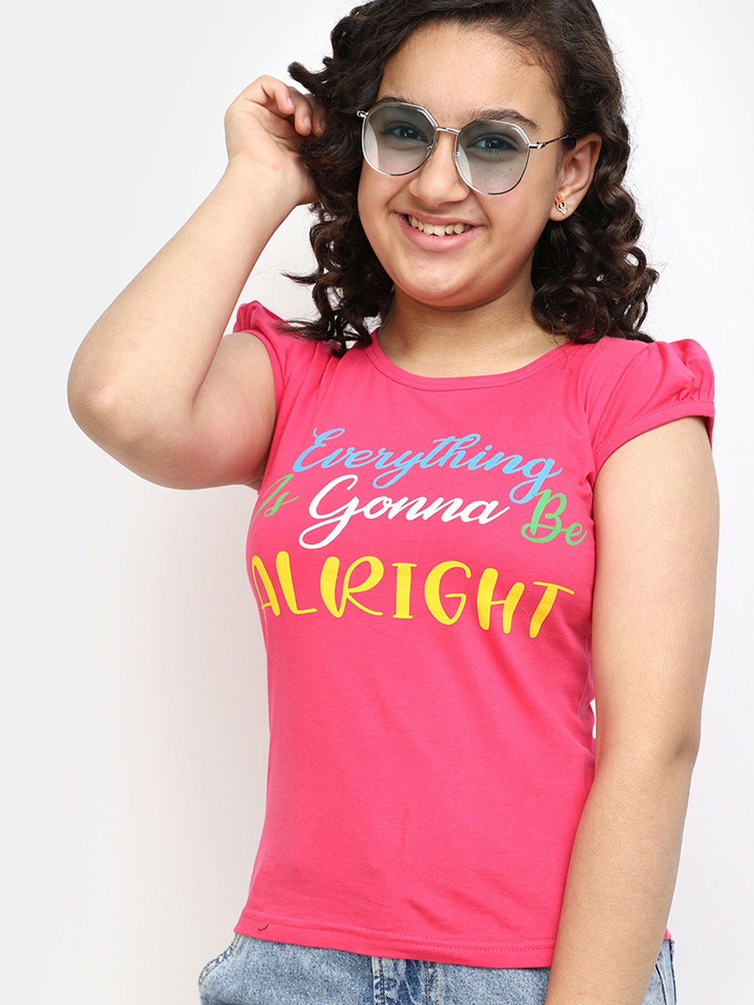 

V-Mart Girls Typography Printed Cap Sleeves Cotton T-shirt, Pink