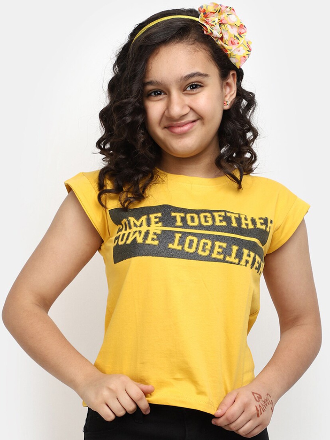 

V-Mart Girls Typography Printed Extended Sleeves Cotton T-shirt, Yellow