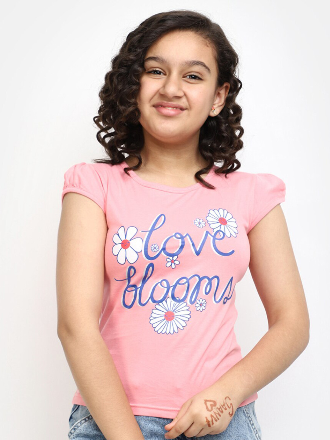 

V-Mart Girls Floral Printed Puff Sleeves Cotton T-shirt, Pink