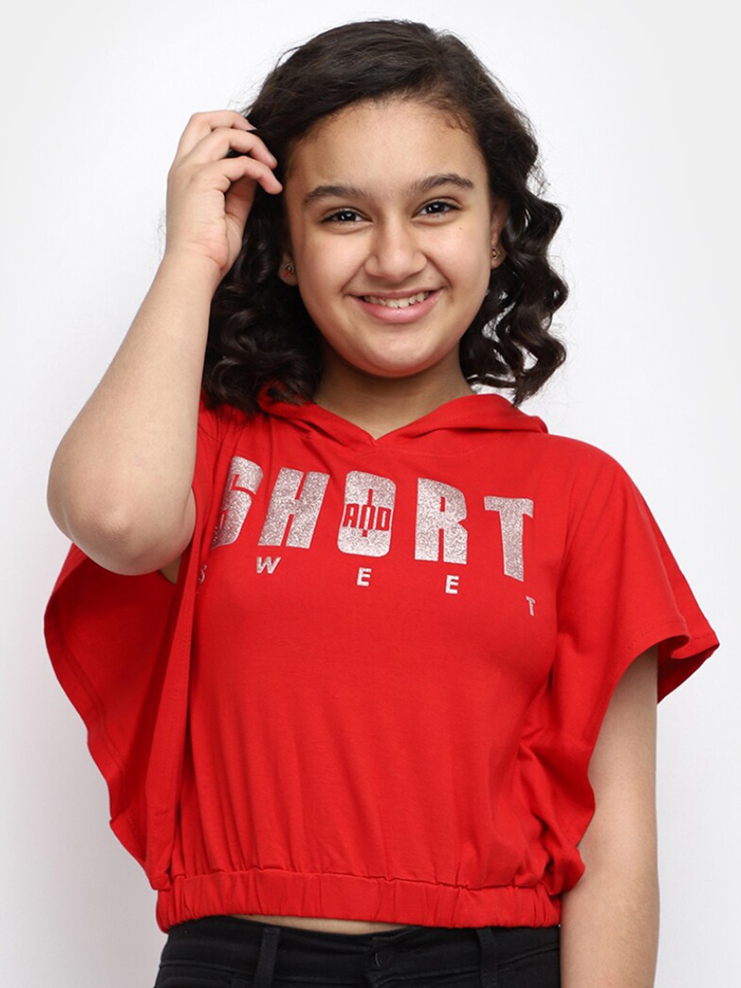 

V-Mart Girls Typography Printed Hooded Kimono Sleeves Cotton Blouson Top, Red