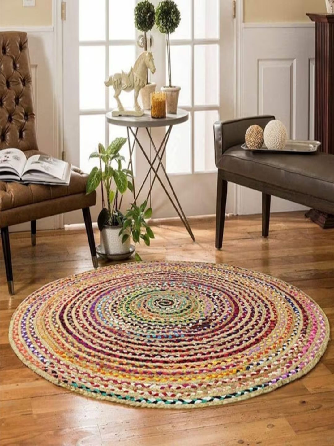 

THE HANDMADE FLAIR Yellow & Red Birded Jute Round Shaped Carpet