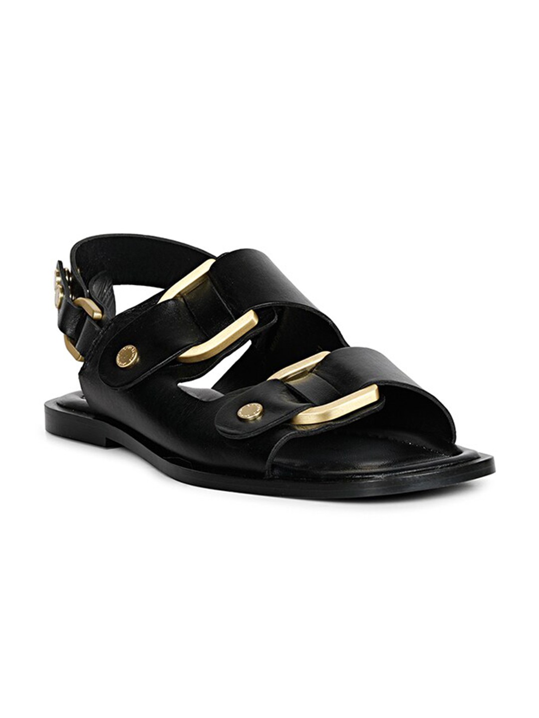 

Saint G Buckle Embellished Genuine Leather Open Toe Flats, Black
