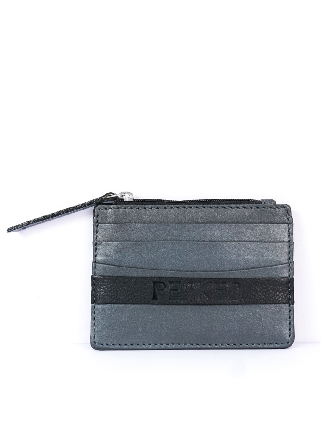 

PERKED Zip Detail Leather Card Holder, Grey