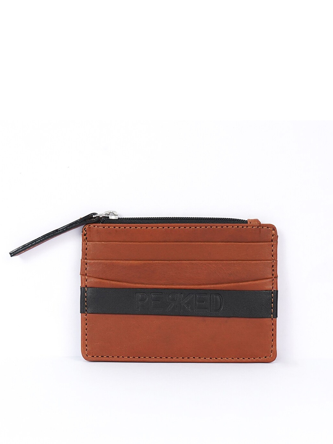

PERKED Zip Detail Leather Card Holder, Brown
