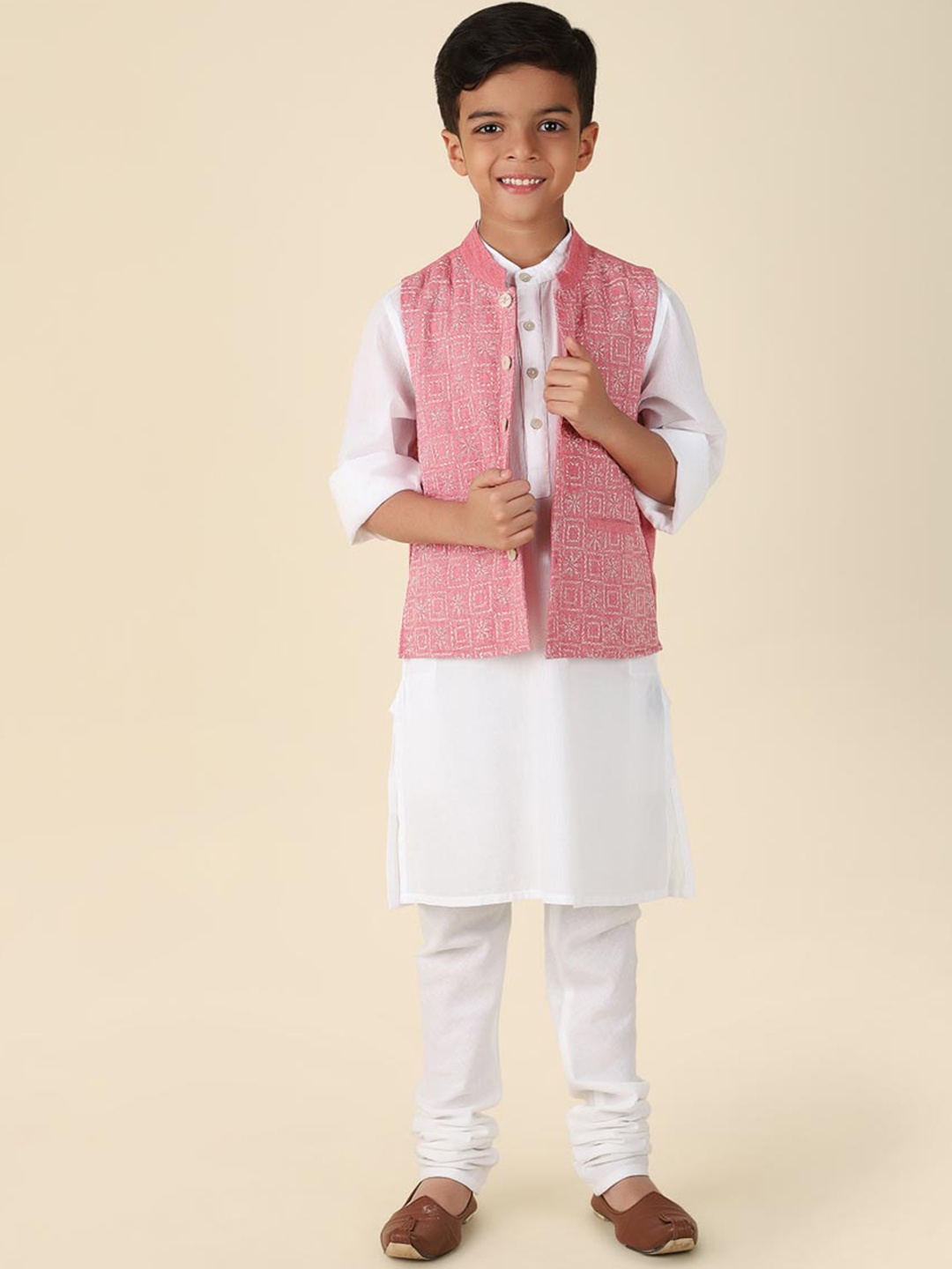 

Fabindia Boys Mandarin Collar Pure Cotton Kurta with Trousers & Nehru Jacket, White