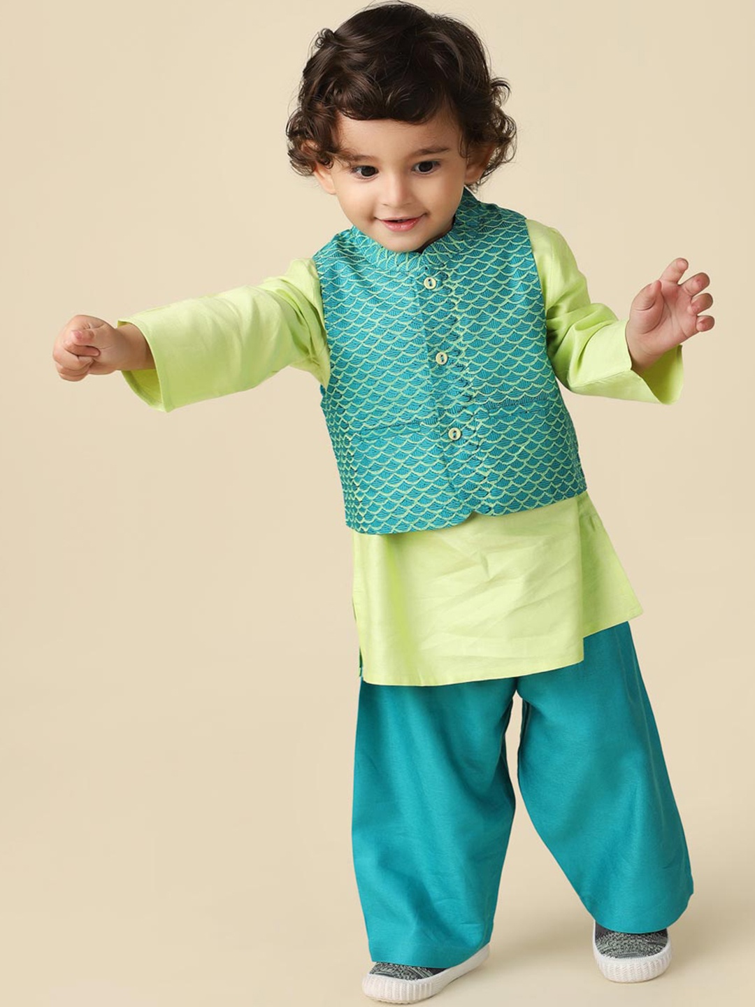 

Fabindia Boys Straight Kurta with Trousers & Nehru Jacket, Green