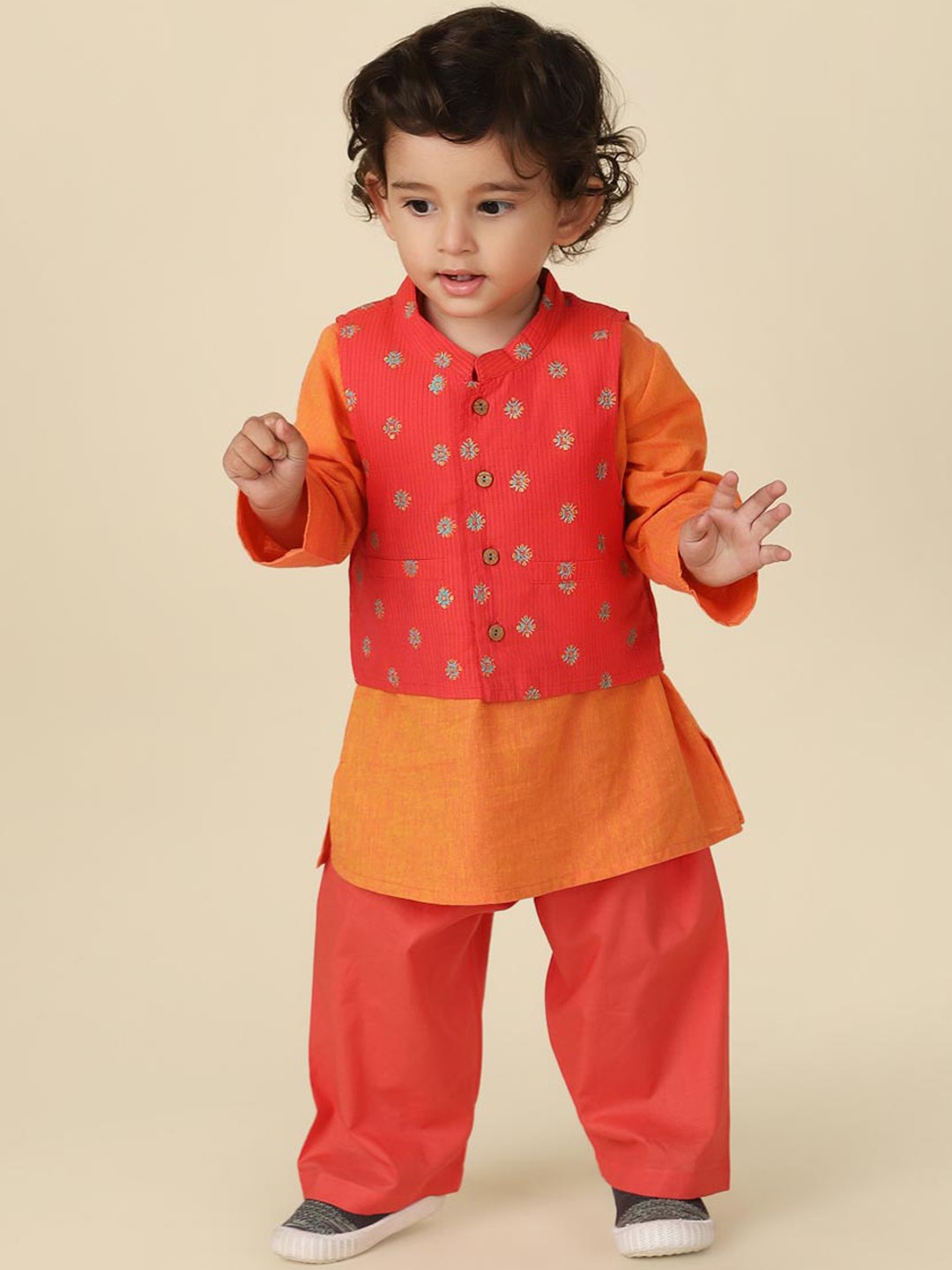 

Fabindia Boys Straight Pure Cotton Kurta with Trousers & Nehru Jacket, Orange