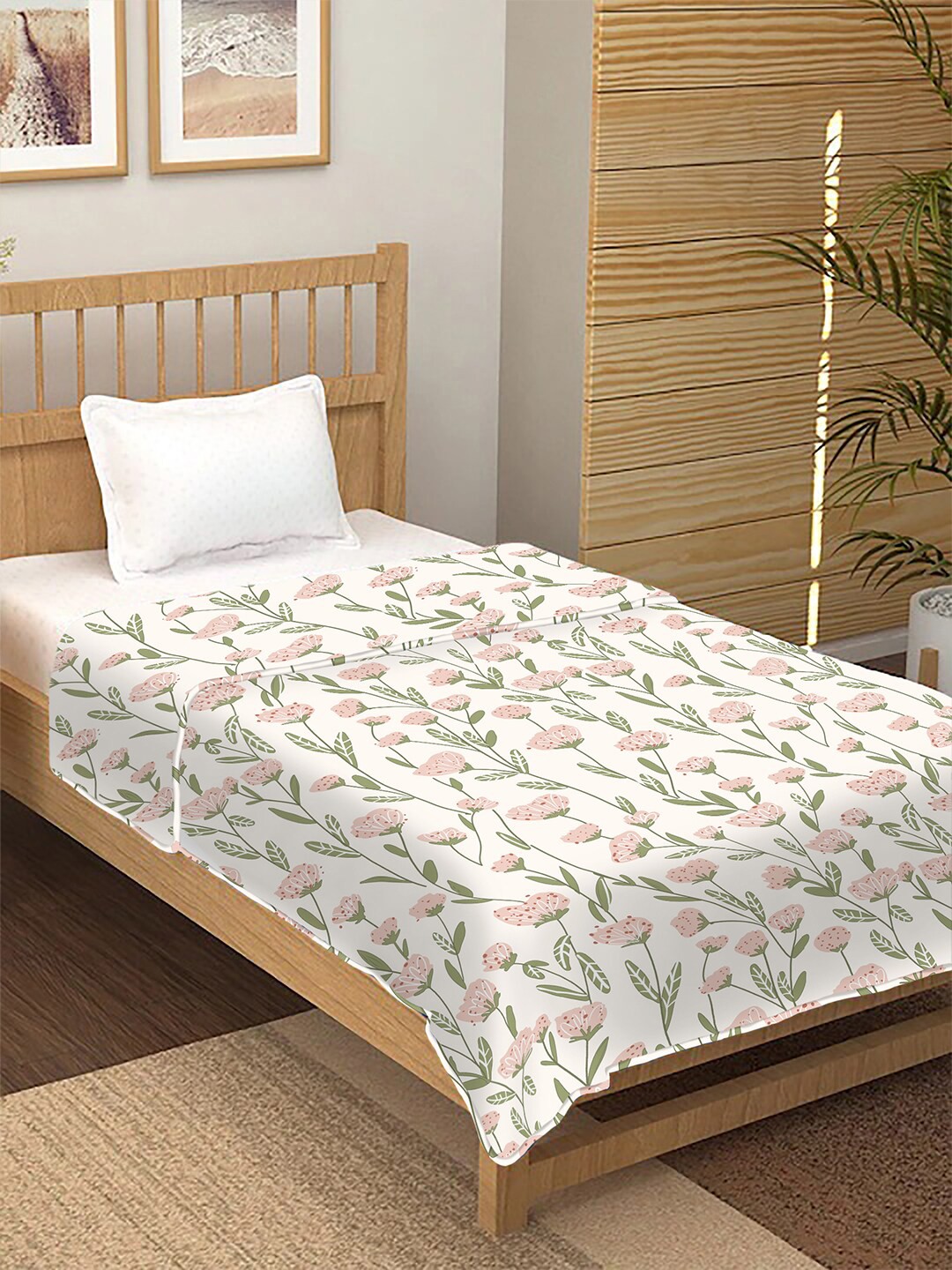 

AEROHAVEN White & Pink Floral AC Room 210 GSM Single Bed Dohar