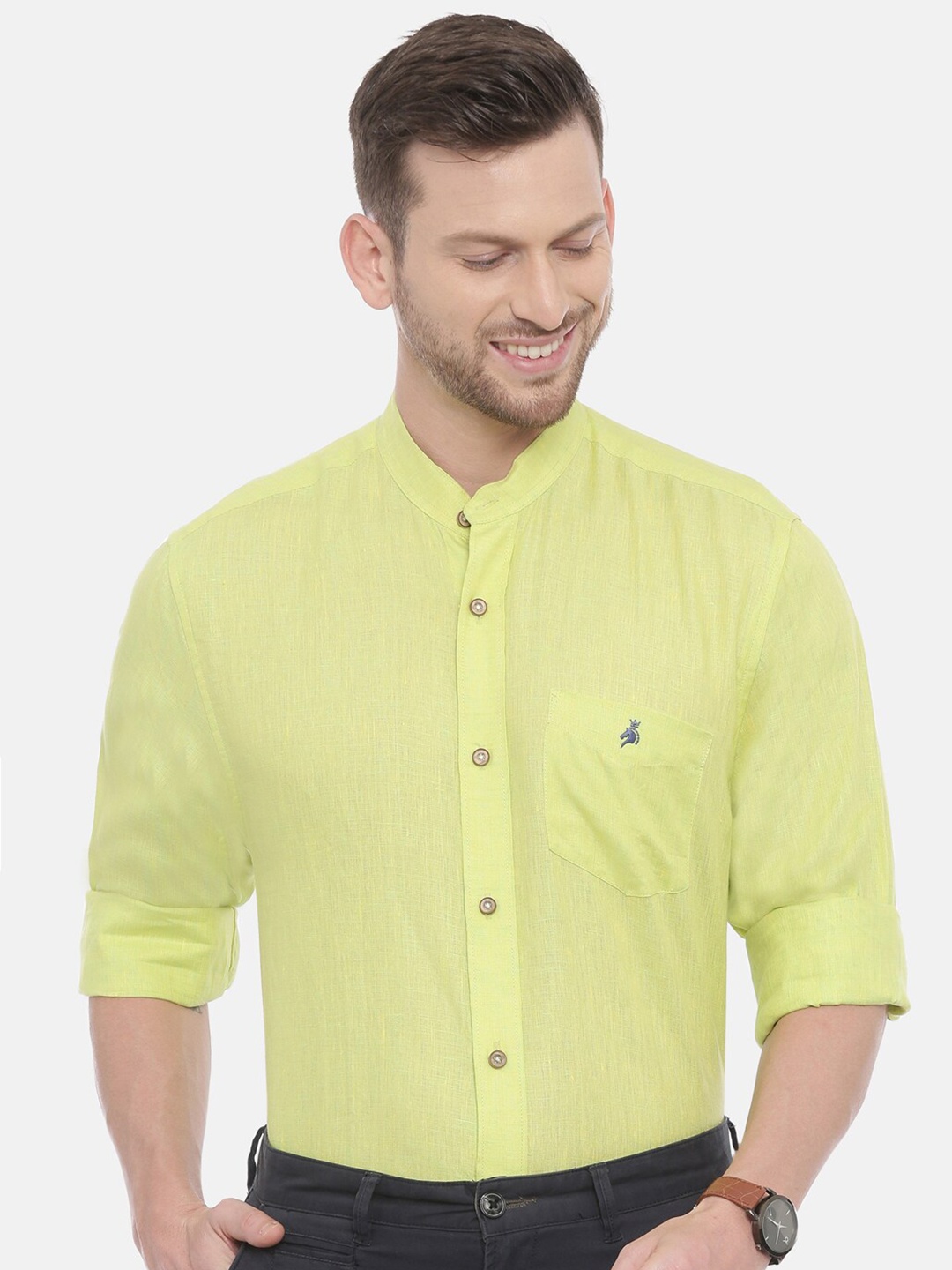 

Khoday Williams Classic Band Collar Linen Casual Shirt, Yellow