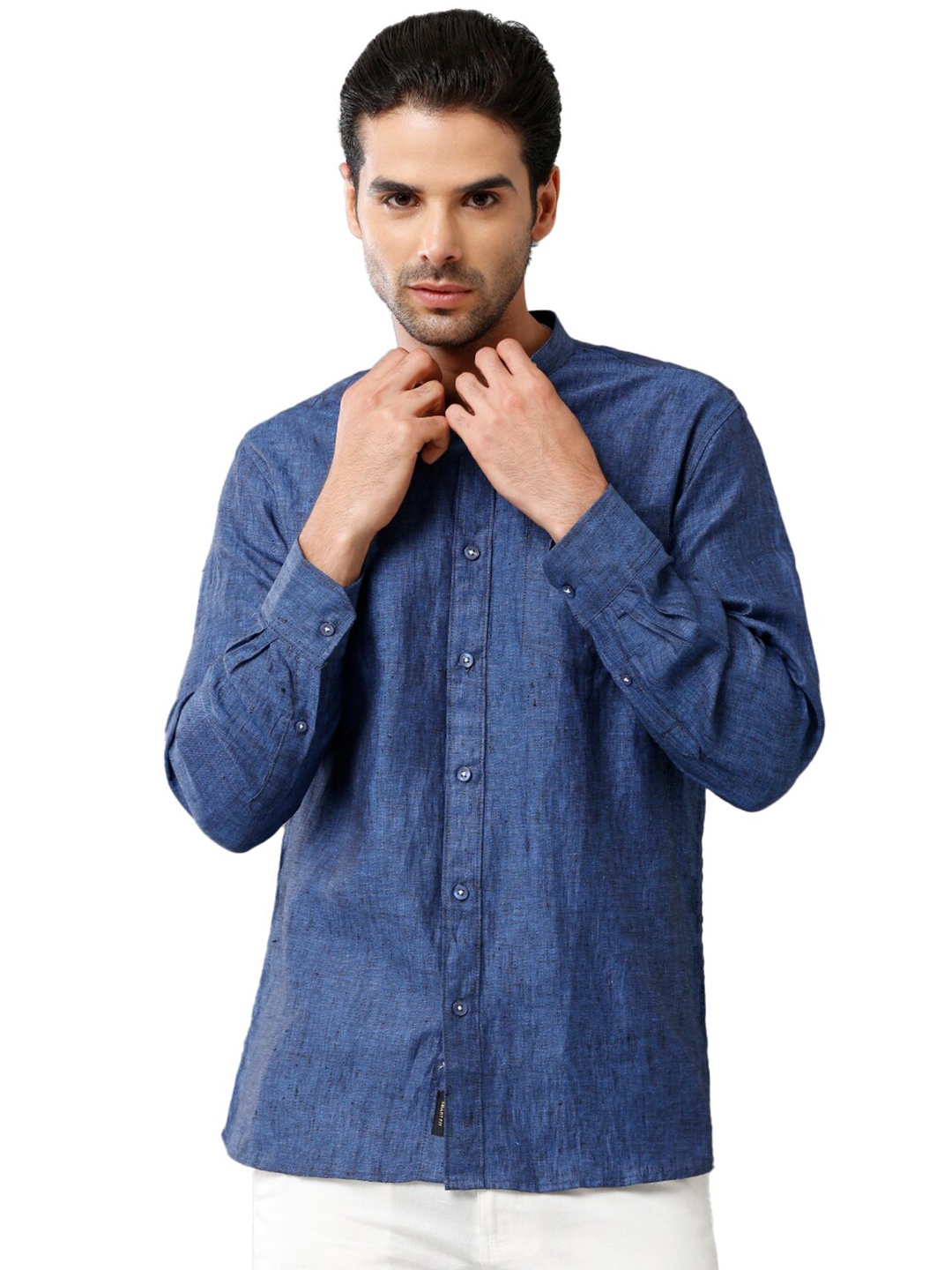

Khoday Williams Classic Band Collar Linen Casual Shirt, Navy blue