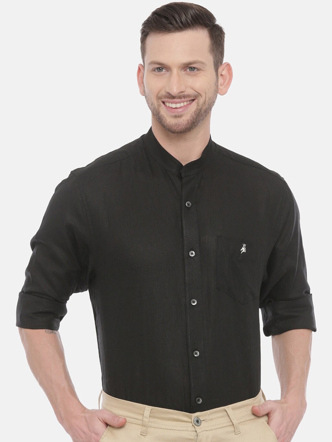 

Khoday Williams Classic Band Collar Pure Linen Casual Shirt, Black