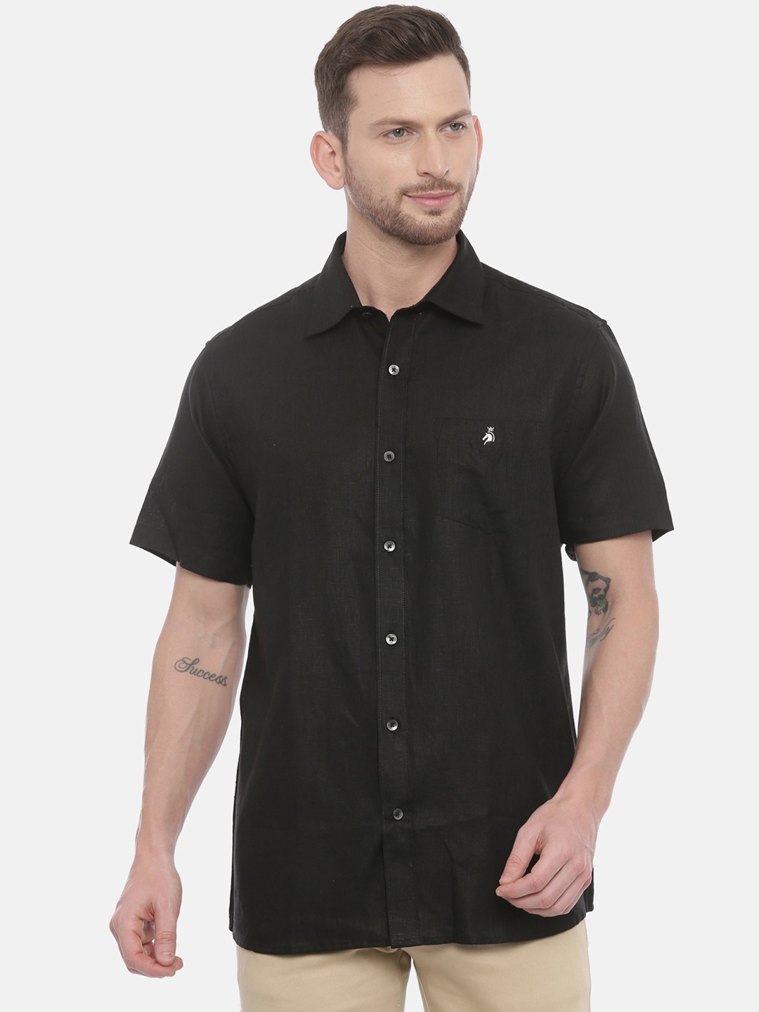 

Khoday Williams Classic Spread Collar Pure Linen Casual Shirt, Black