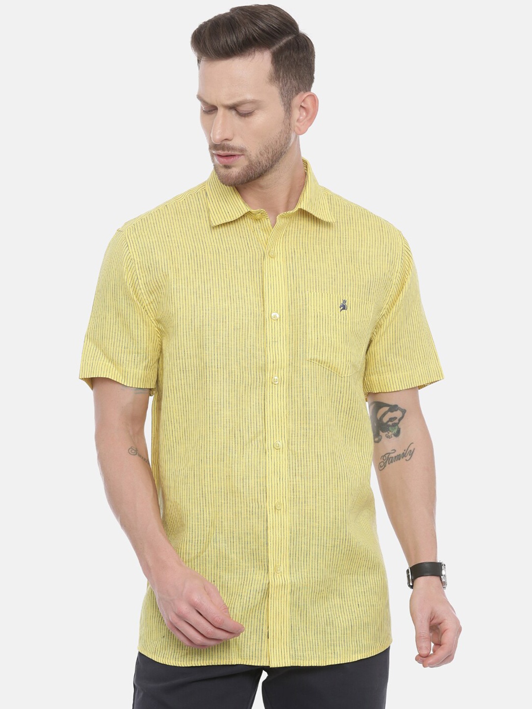 

Khoday Williams Classic Striped Pure Linen Casual Shirt, Yellow