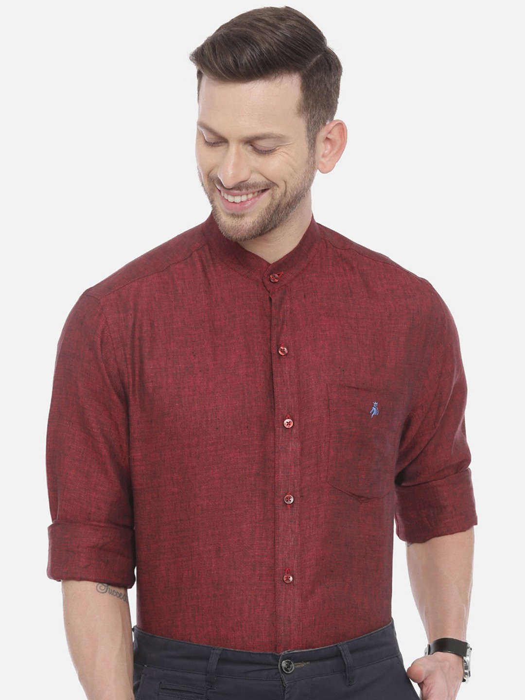 

Khoday Williams Classic Band Collar Linen Casual Shirt, Maroon