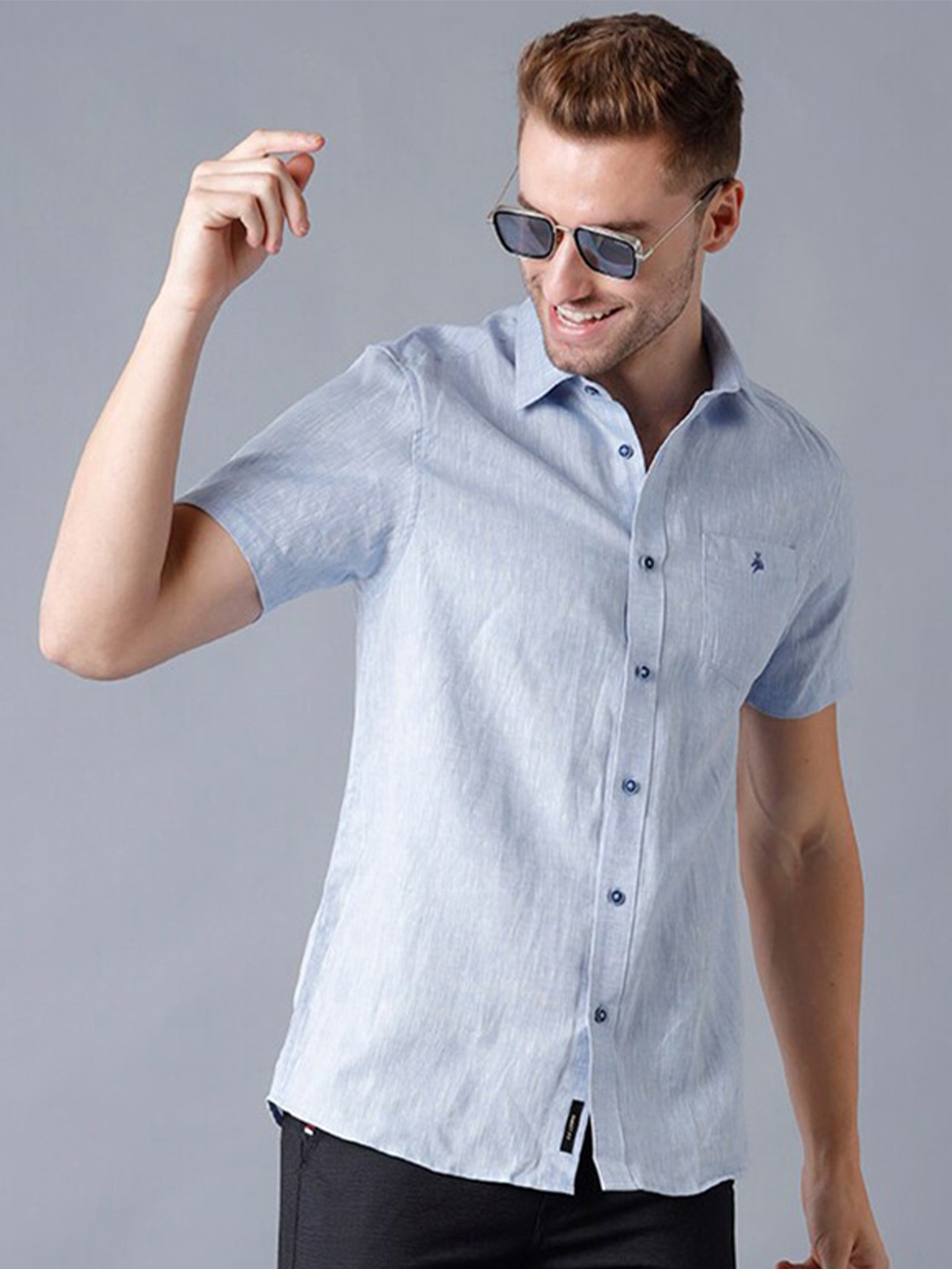 

Khoday Williams Classic Spread Collar Linen Casual Shirt, Blue