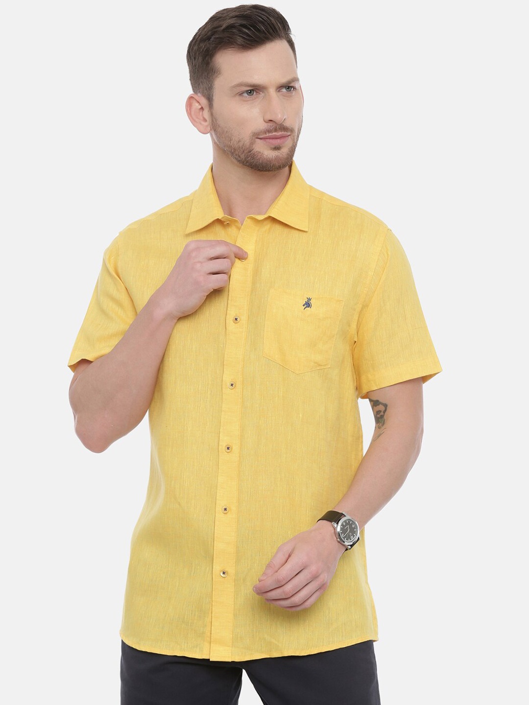 

Khoday Williams Classic Spread Collar Linen Casual Shirt, Yellow