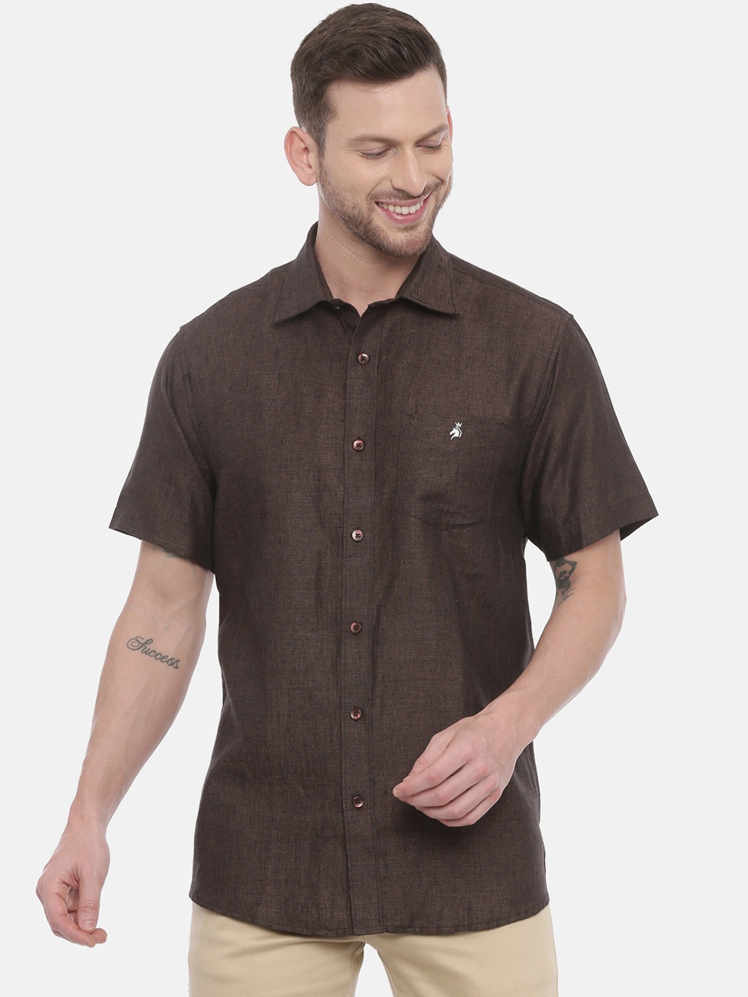 

Khoday Williams Classic Spread Collar Linen Casual Shirt, Brown