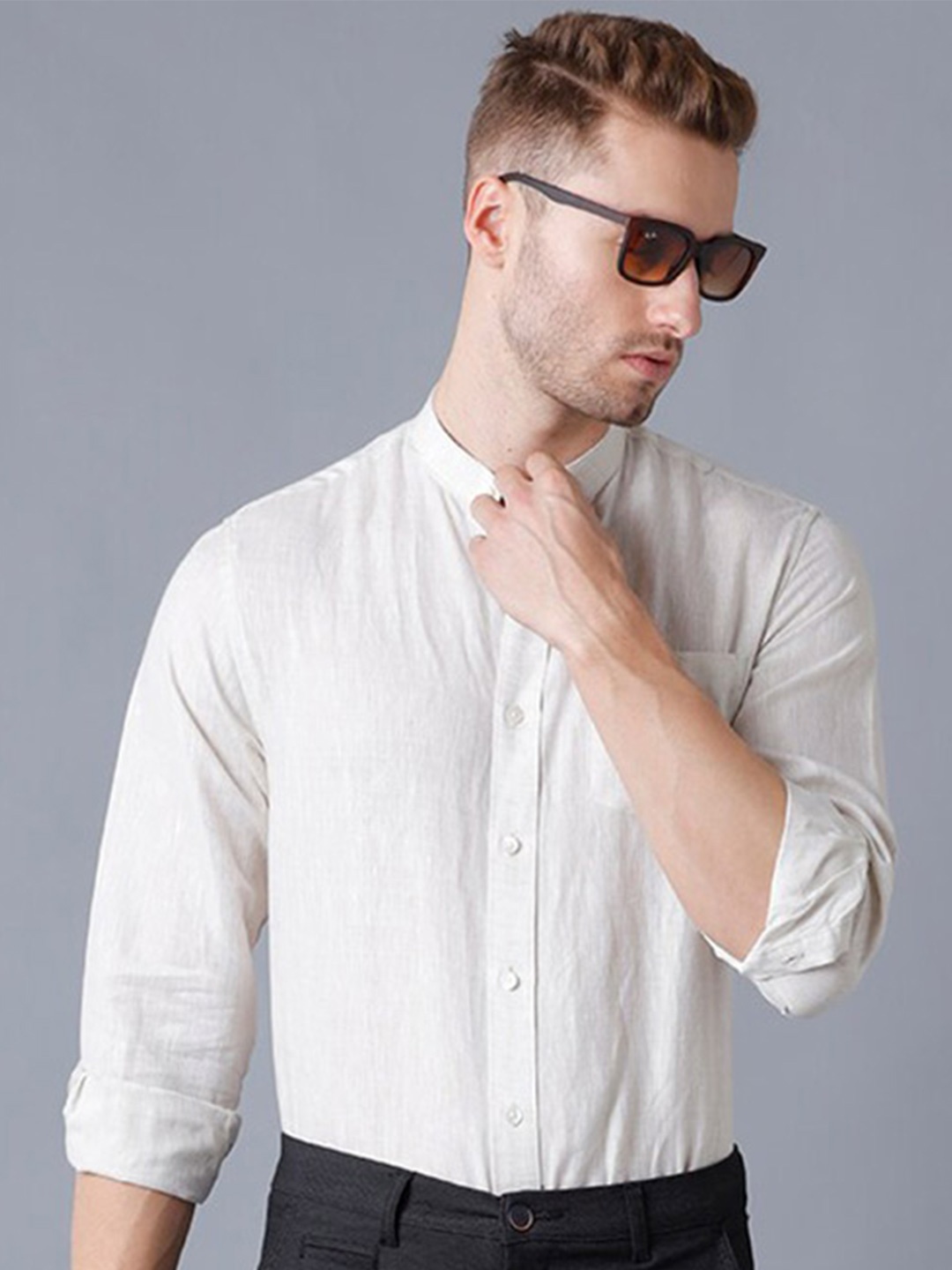 

Khoday Williams Classic Band Collar Linen Casual Shirt, Off white