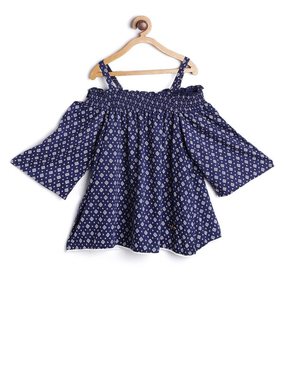 

612League Girls Polka Dot Printed Off-Shoulder Flared Sleeve Cotton Bardot Top, Blue
