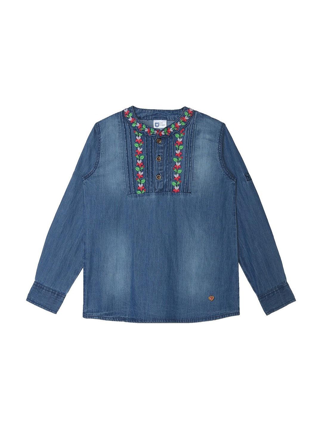 

612League Floral Embroidered Cuffed Sleeves Cotton Top, Blue