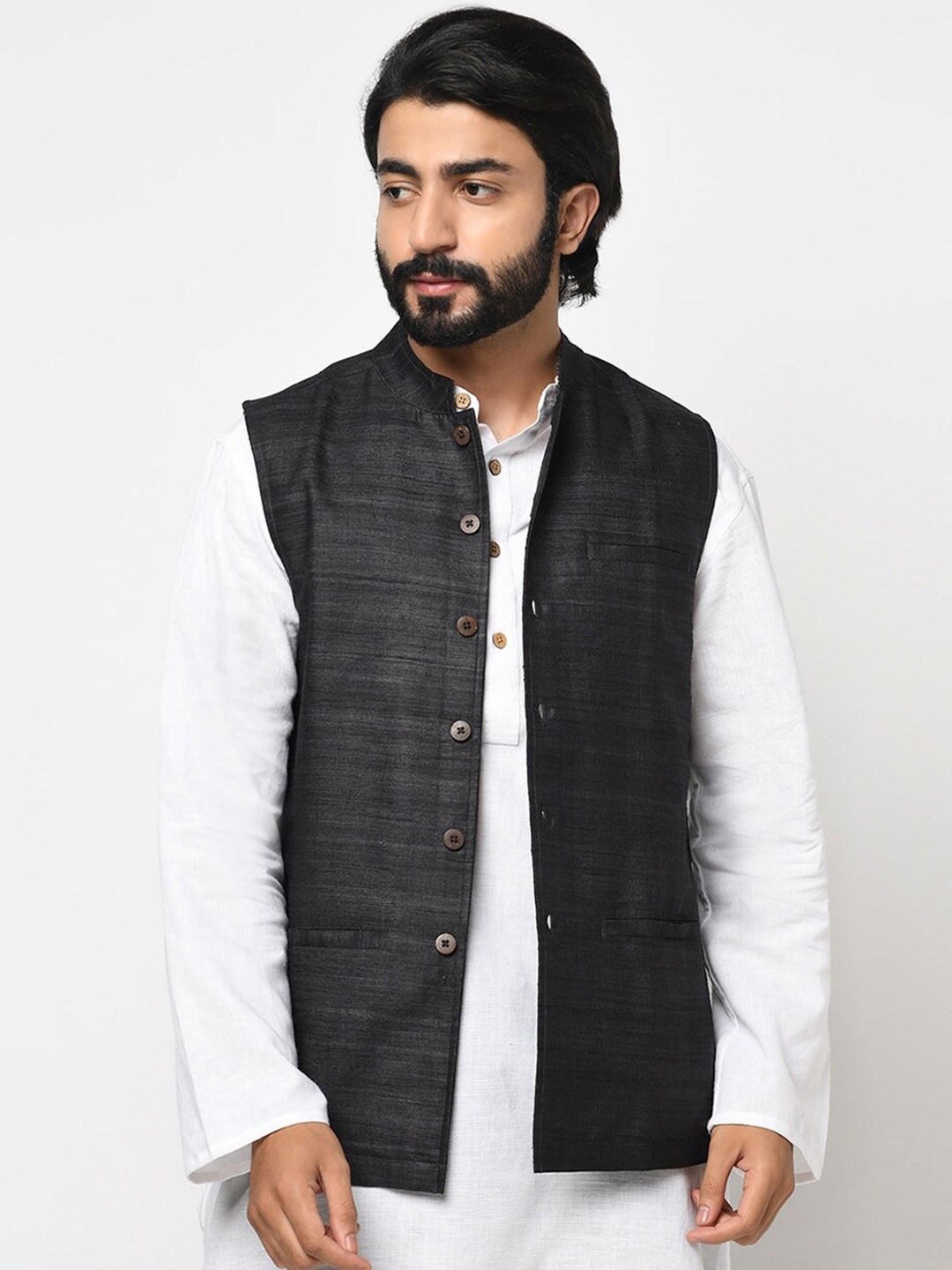 

Fabindia Men Silk Woven Nehru Jacket, Black